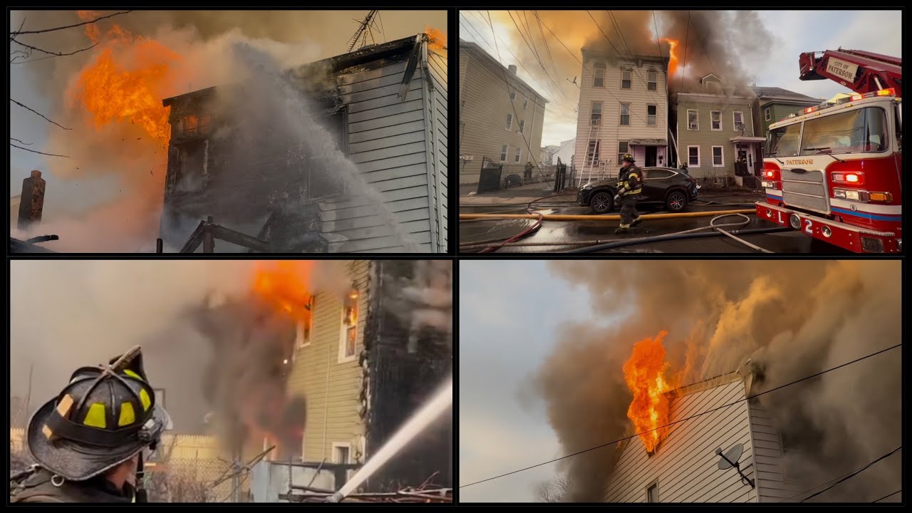 Paterson NJ Fire Dept operates at a 5th Alarm Fire 491 Totowa Ave involving 3 structures 2/23/25