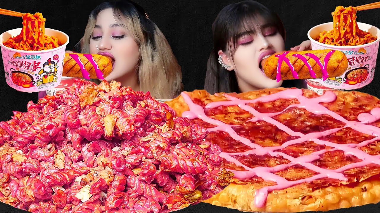 ASMR Mukbang Pink Food | Cheesy Hotdog, Creamy Pasta & Spicy Noodles – Girls’ Day Special Duo
