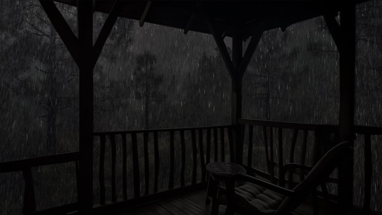 Rain falls on balcony roof in deep forest - Enjoy the symphony of rain sounds right outside