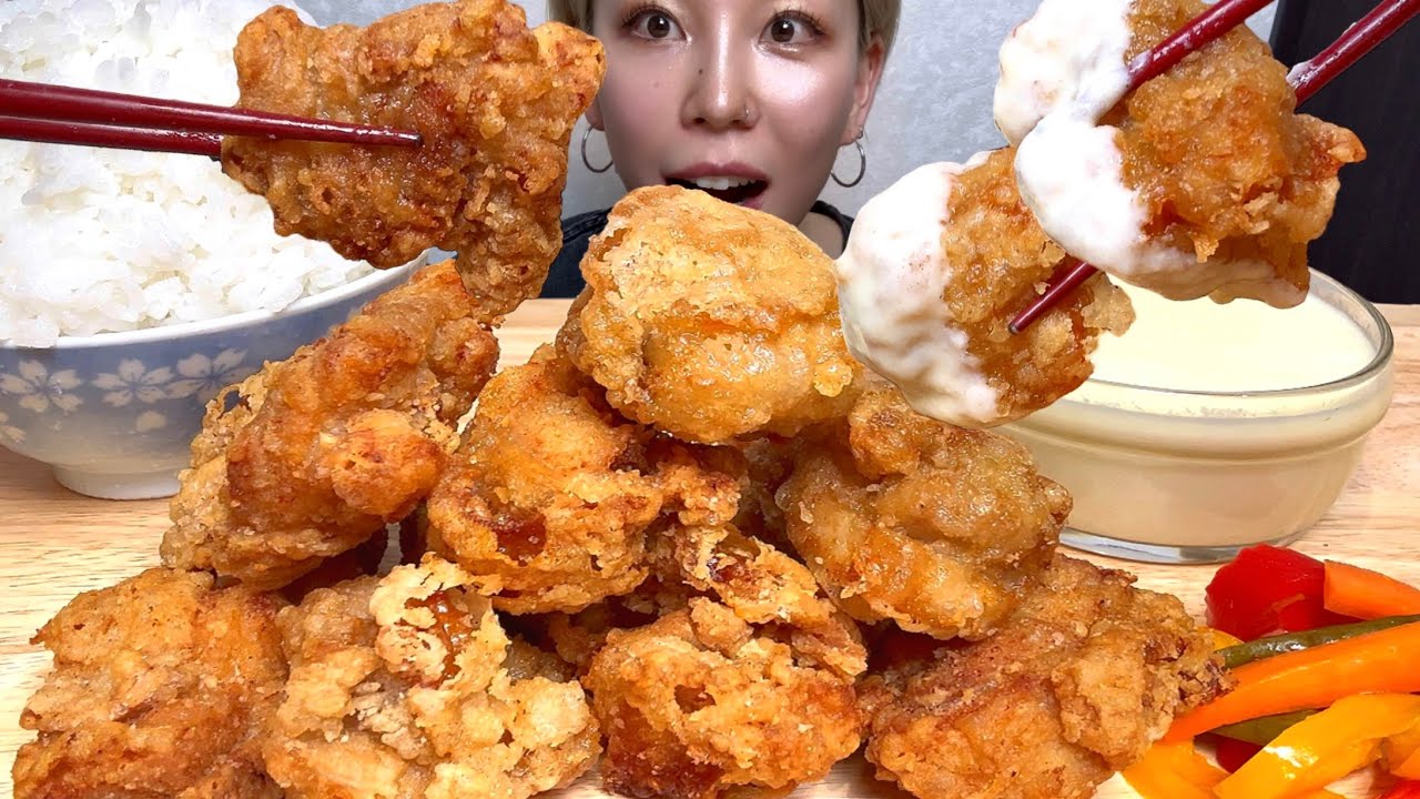 【チーズたっぷり唐揚げ×白米】ASMR 日本語字幕