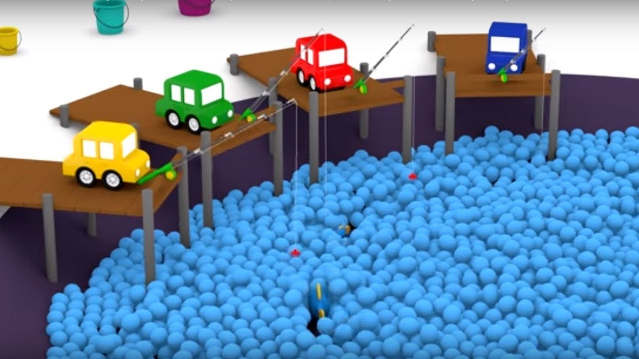 4 carros coloridos.  Vamos pescar. Anima&ccedil;&atilde;o infantil.