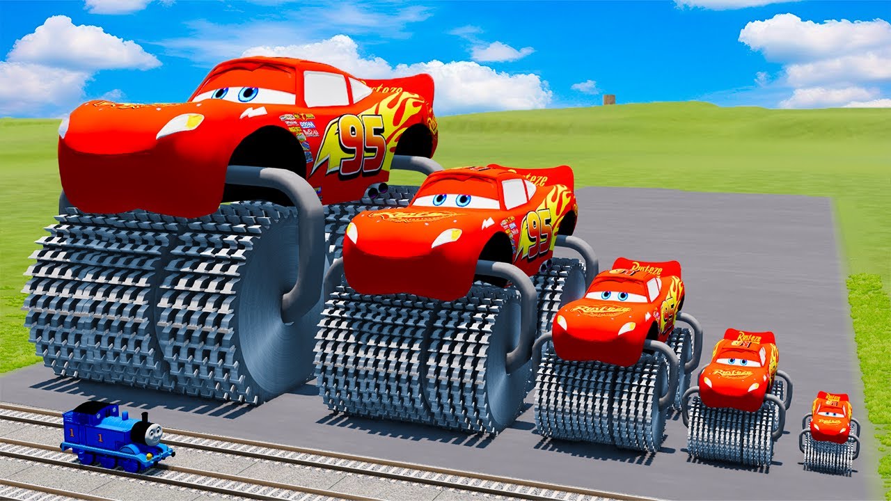 Big & Small Long Lightning Mcqueen Double Monster Saw Wheels vs Trains BeamNG.drive