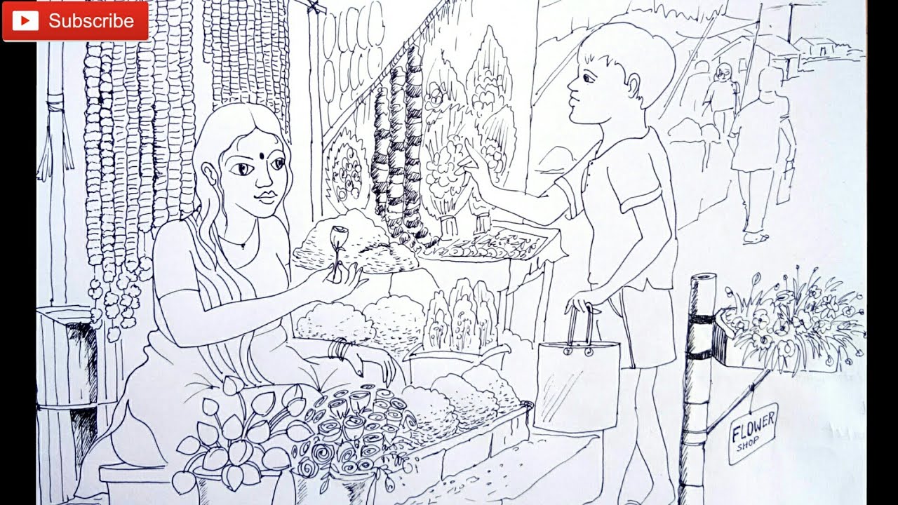 scenery drawing of Flower seller, simple market drawing,Drawing of flower seller marketplace