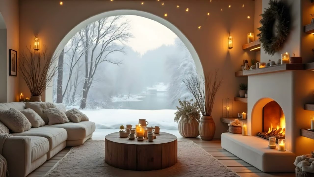 Winter Cabin Fireplace Ambience with Snowfall View | Crackling Fireplace for Deep Relaxation