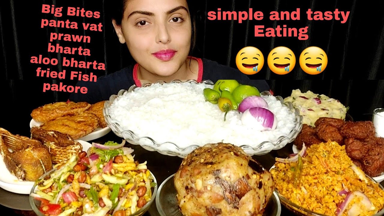 Huge Pantavat with 2 types of aloo bharta,Prawn bharta, pakore,chop,fried fish,Mukbang Eating Show