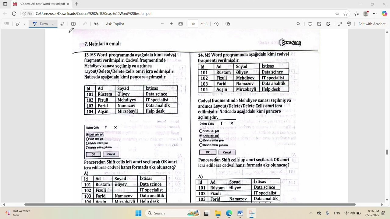 Codera yeni nəşr word testləri 7.2 izah və cədvəldə delete backspace tətbiqi✅️