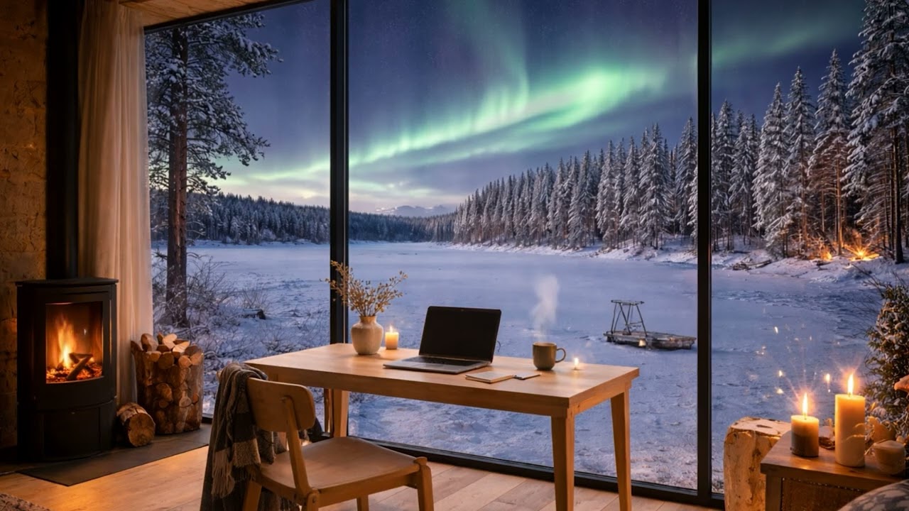 3 Hours Cozy Northern Lights & Fireplace | Aurora Borealis Ambience for Study, Work & Chill ❄️🌌