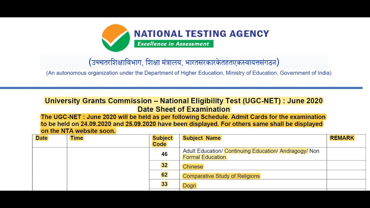 UGC NET June 2020 Exam Schedule (Sept-Oct-Nov) | Check Subject-Wise Exam Dates & Shifts | NTAUGCNET