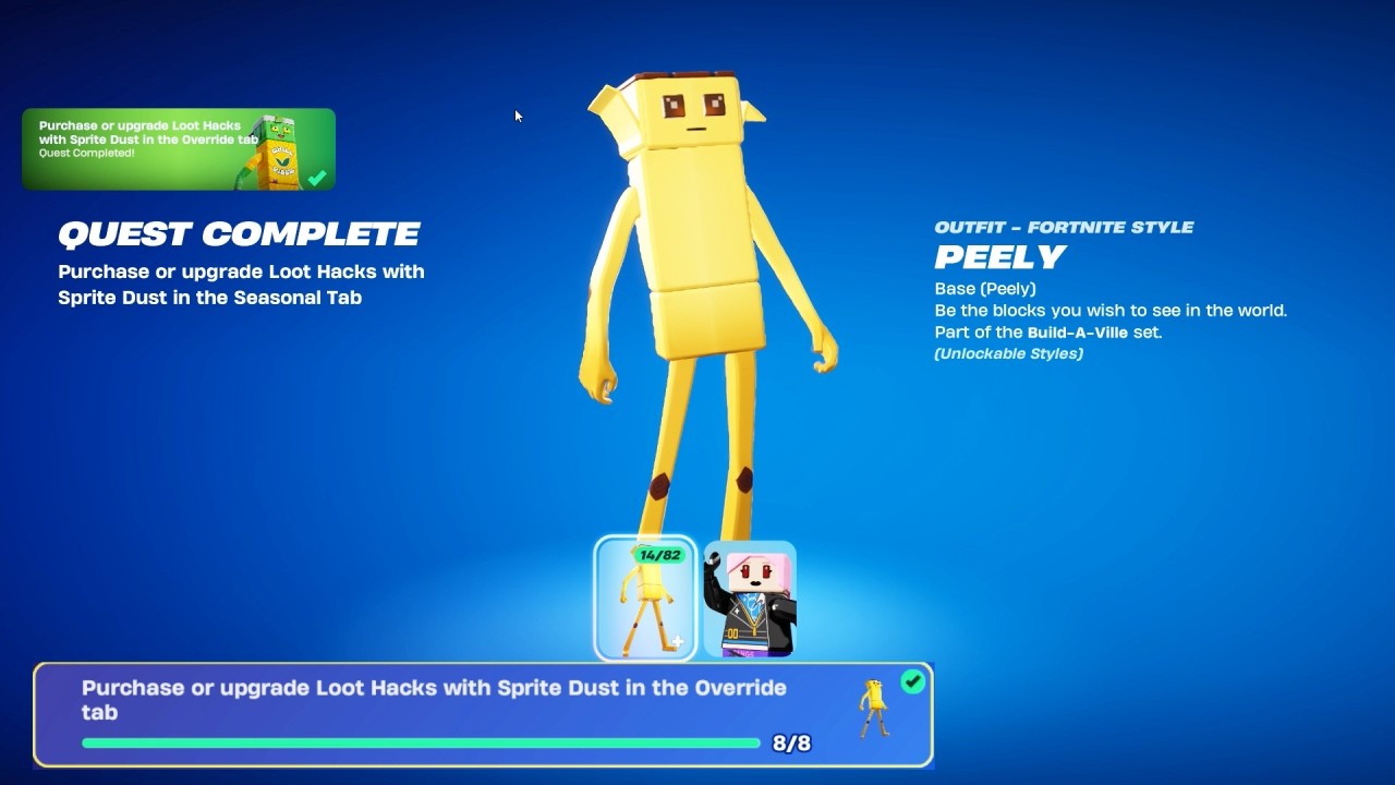 How to Unlock Peely Fortnite Purchase or upgrade loot hacks with Sprite dust in the Override tab