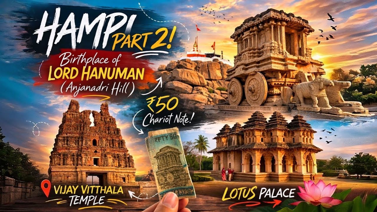 Hampi Darshan: Lord Hanuman birth place| Hazararam Temple| Lotus Palace & the 50 rupee note chariot
