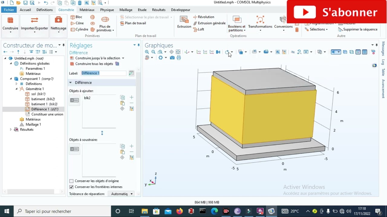 modelisation du batiment sur COMSOL MULTIPHYSICS part1