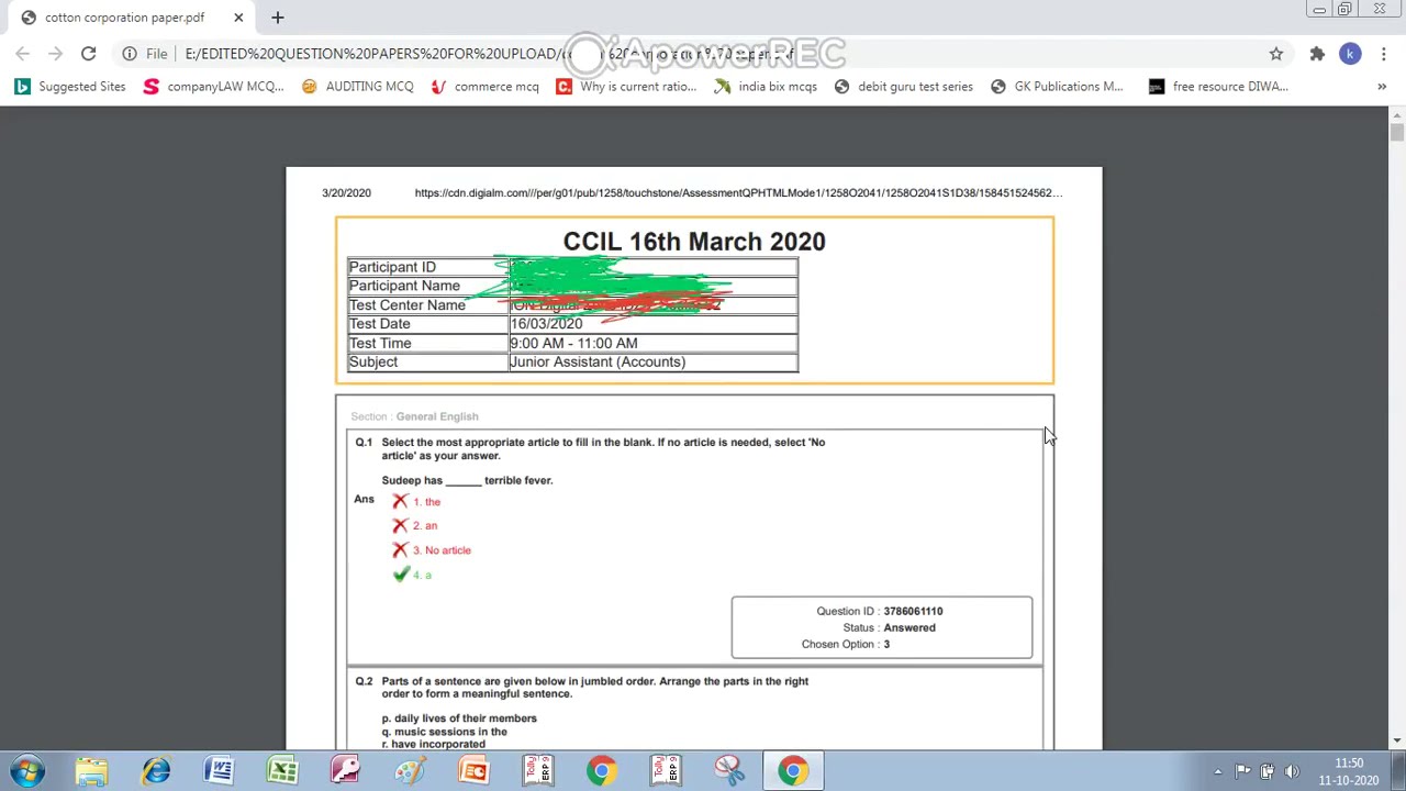 COTTON CORPORATION JUNIOR ASSISTANT(ACCOUNTS) QUESTION PAPER 2020