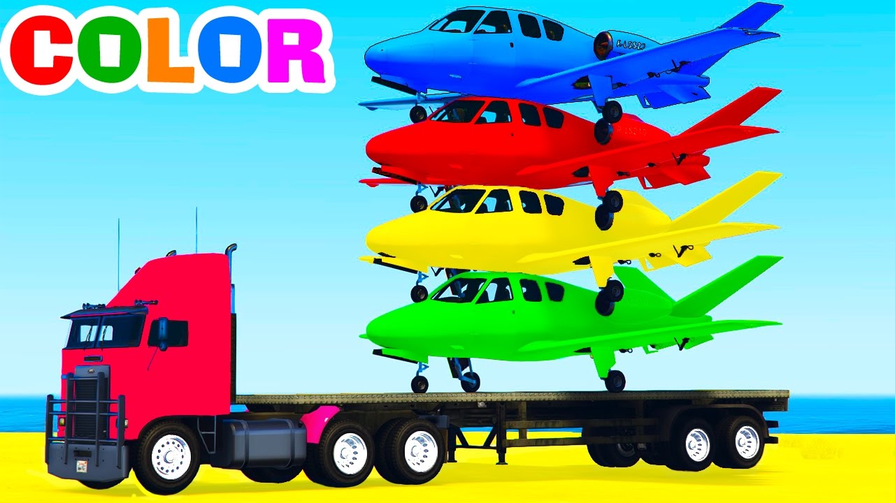 FUNNY PLANES on TRUCK in Spiderman Cars Cartoon for Kids & Colors for Children w Nursery Rhymes