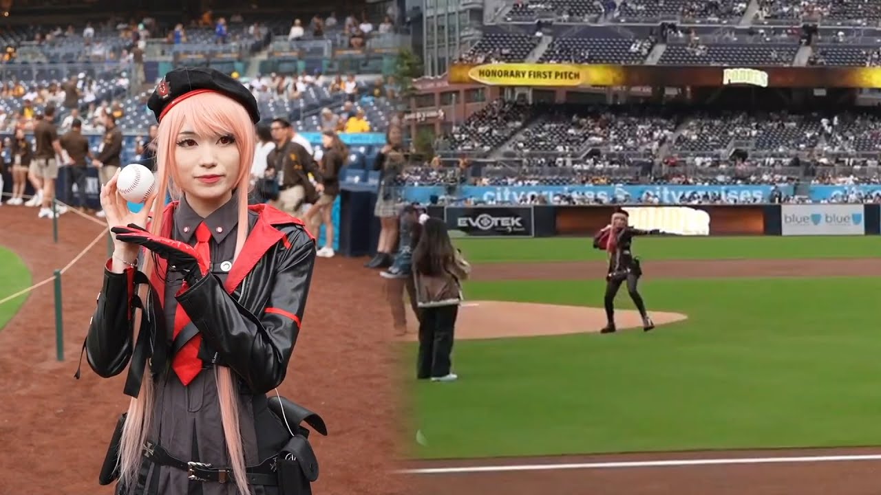 Emiru throws the first pitch at the dodgers vs padres game