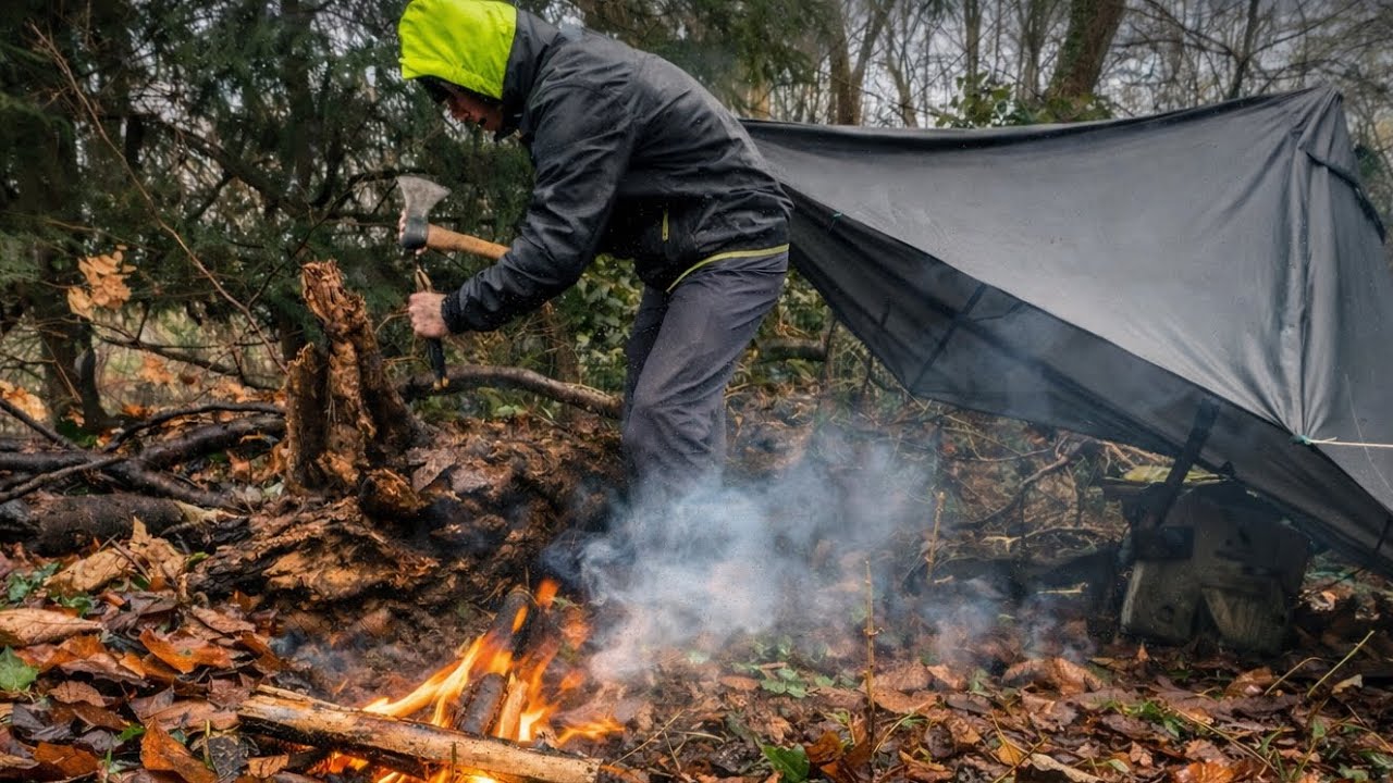 Solo bivouac in the forest in the middle of the afternoon in the rain