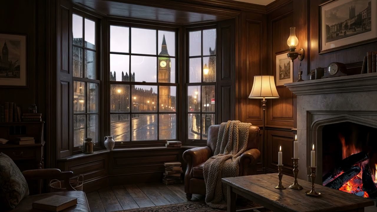 London Rain & Fireplace Ambience 🔥 Thunderstorm Outside the Window – Cozy Night for Sleep
