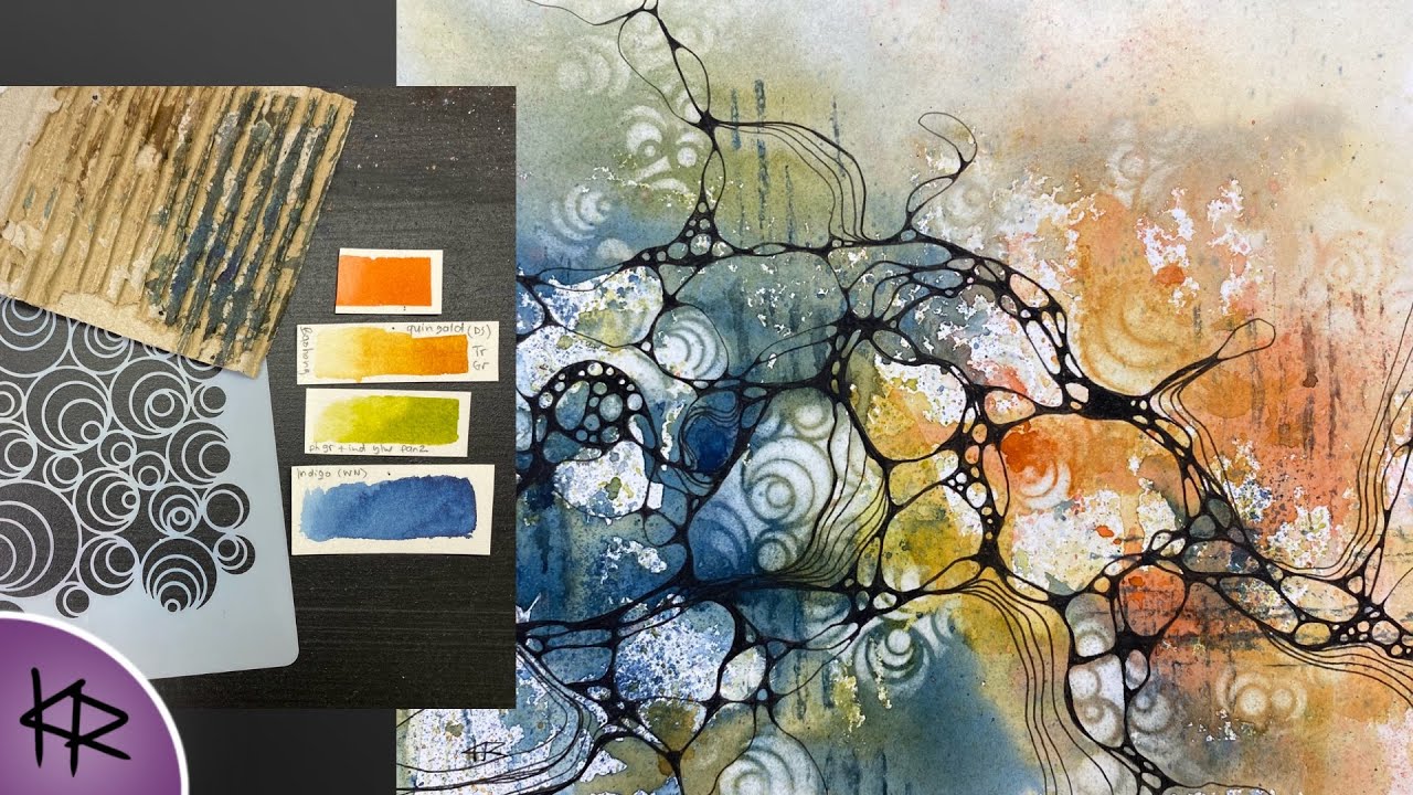 WATERCOLOR  & INK - Easy & Relaxing Art -  Reverse Stenciling with Neurographic Lines! - 190