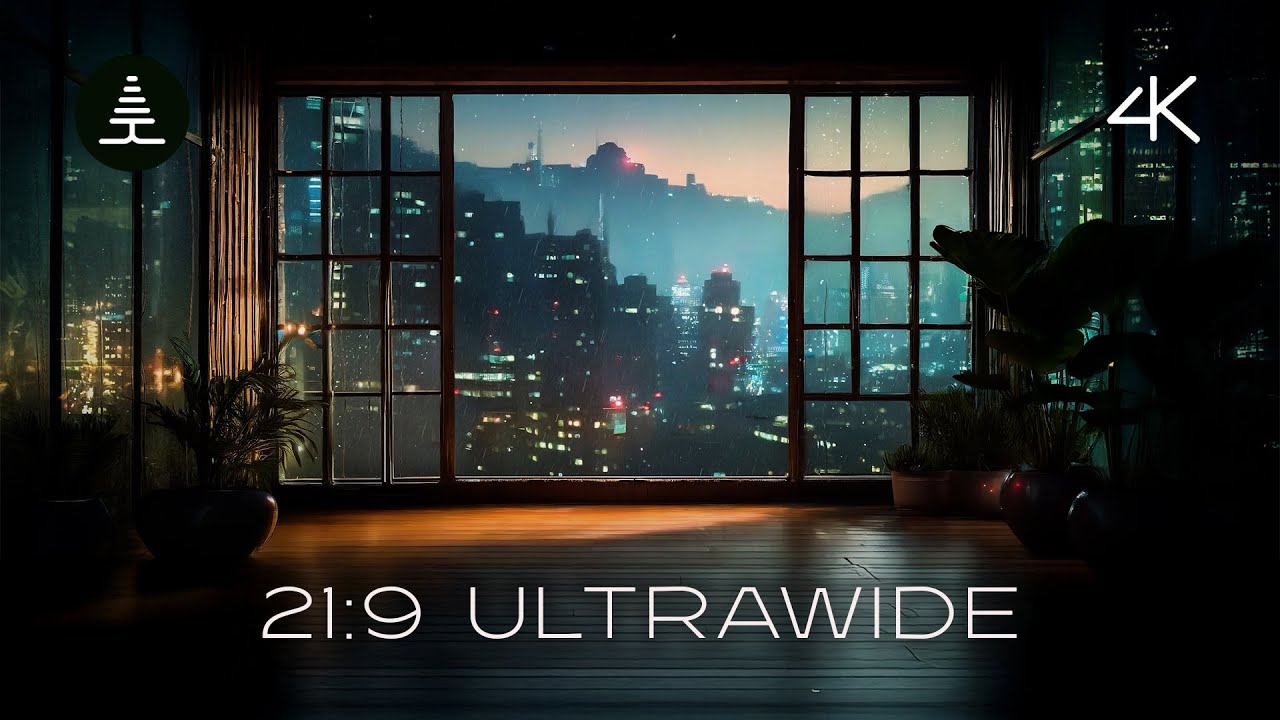 21:9 Ultrawide | Rain Sounds for Sleep | Cozy Apartment | Relax Study & Deep Sleep | Rain on Window