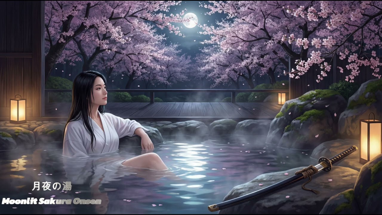 月夜の湯ーMoonlit Sakura Onsen 🌙 Japanese Hot Spring Night Ambience (3 Hours)