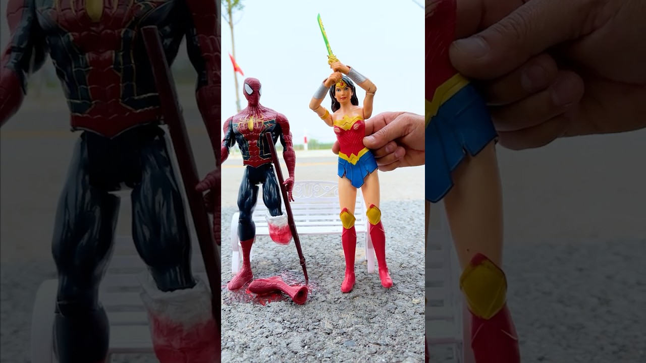 Wonder Woman tests Spider Man's legs  Marvel Toys