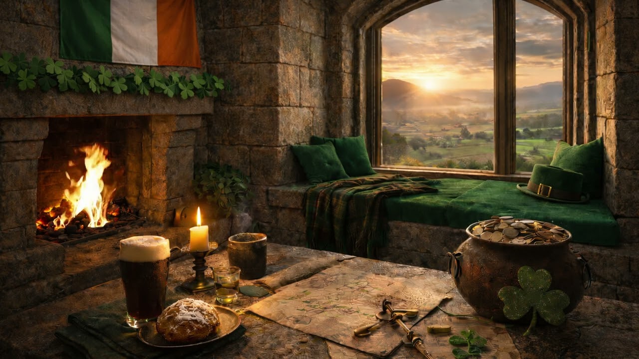 Irish Castle Window Nook 🍀🏰 | St. Patrick’s Day Fireplace Ambience