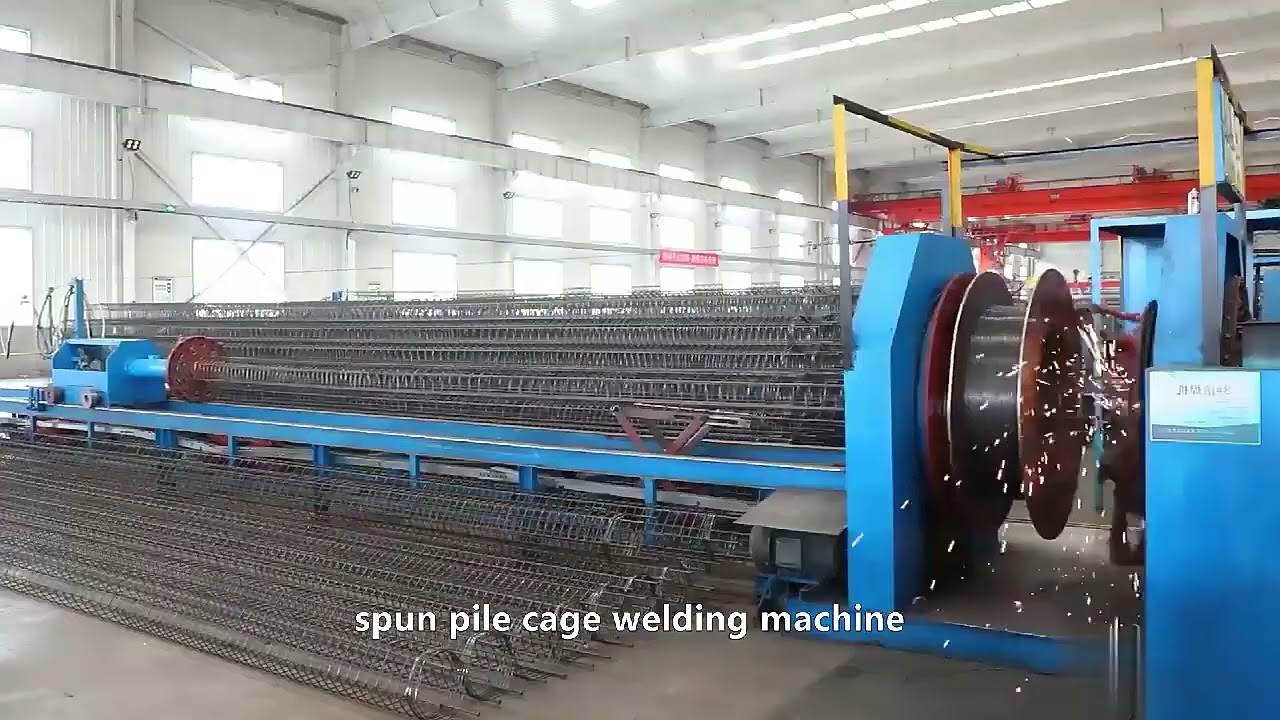 Concrete spun pile cage welding machine operating