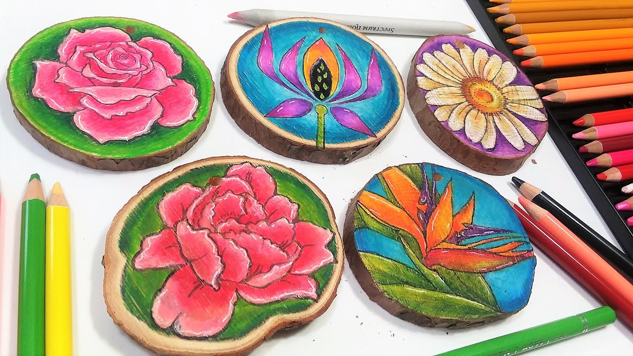Stamping and Coloring on Wood Slices with Colored Pencil!