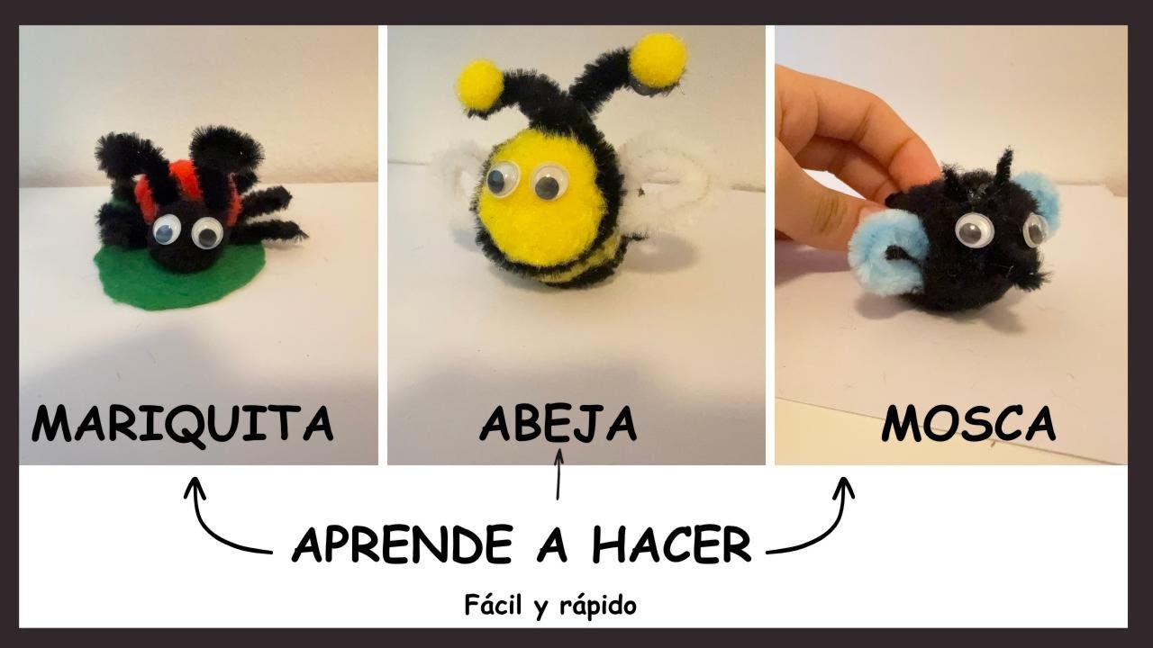 Aprende a hacer tres manualidades super fáciles utilizando POMPONES de colores.🐞🪰🐝