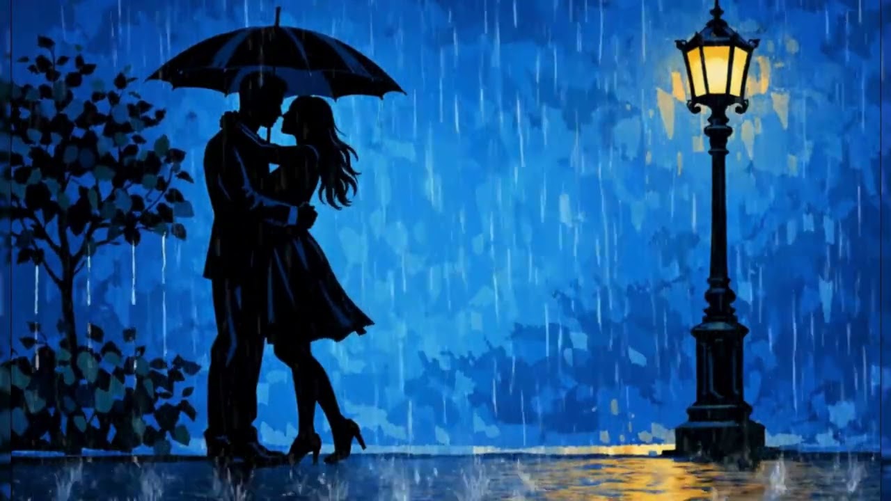 Romantic Rain Night 💙 | Couple Under Umbrella | Cinematic Love Backdrop loop
