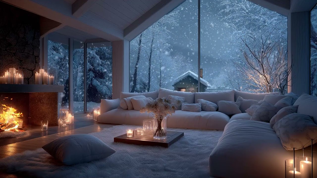 🤍 Soft Piano by the Fireplace | White Lounge & Snowy Window | 3 Hours Sleep Relax Meditation Healing