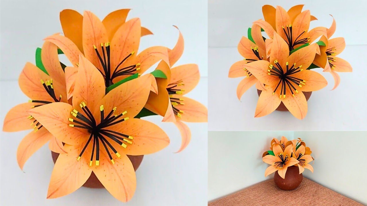 Paper Lily Flower Bouquet | Easy Paper Flower With Vase Decoration | Paper Craft ideas 