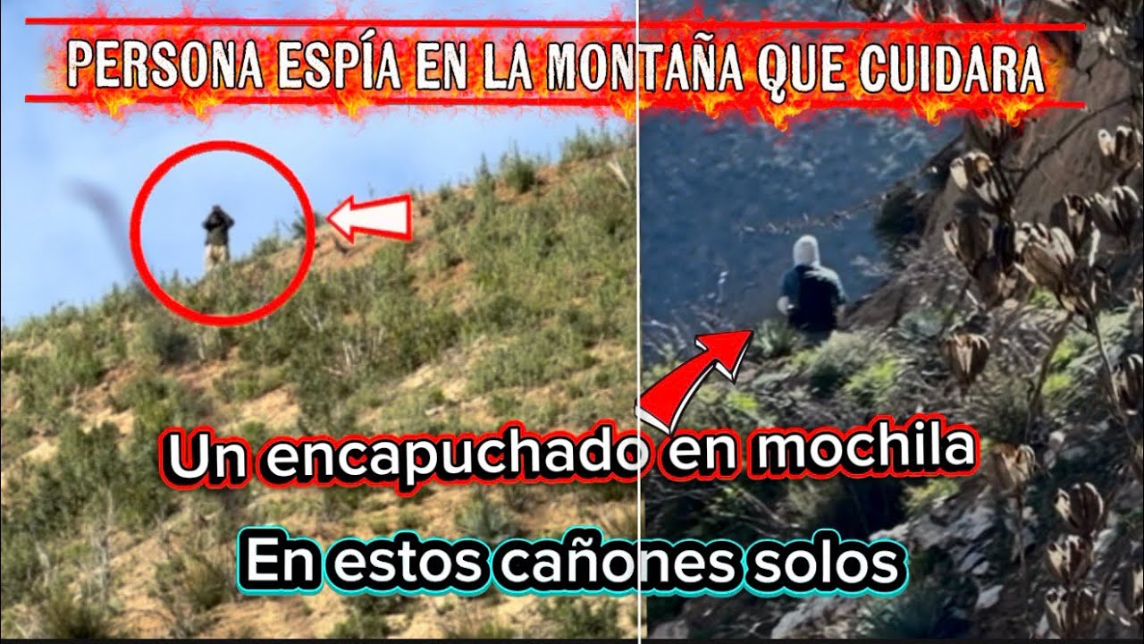 Hombre, encapuchado con mochila, y un hombre espía, observa desde la montaña con binoculares