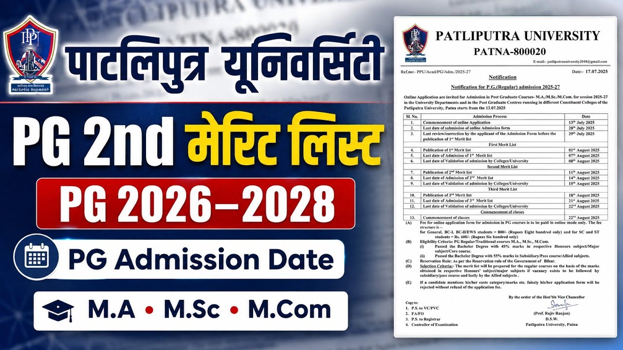 Patliputra University PG 2nd Merit List 2026-28 | PG Admission Date | M.A. M.Sc. M.Com | @student...