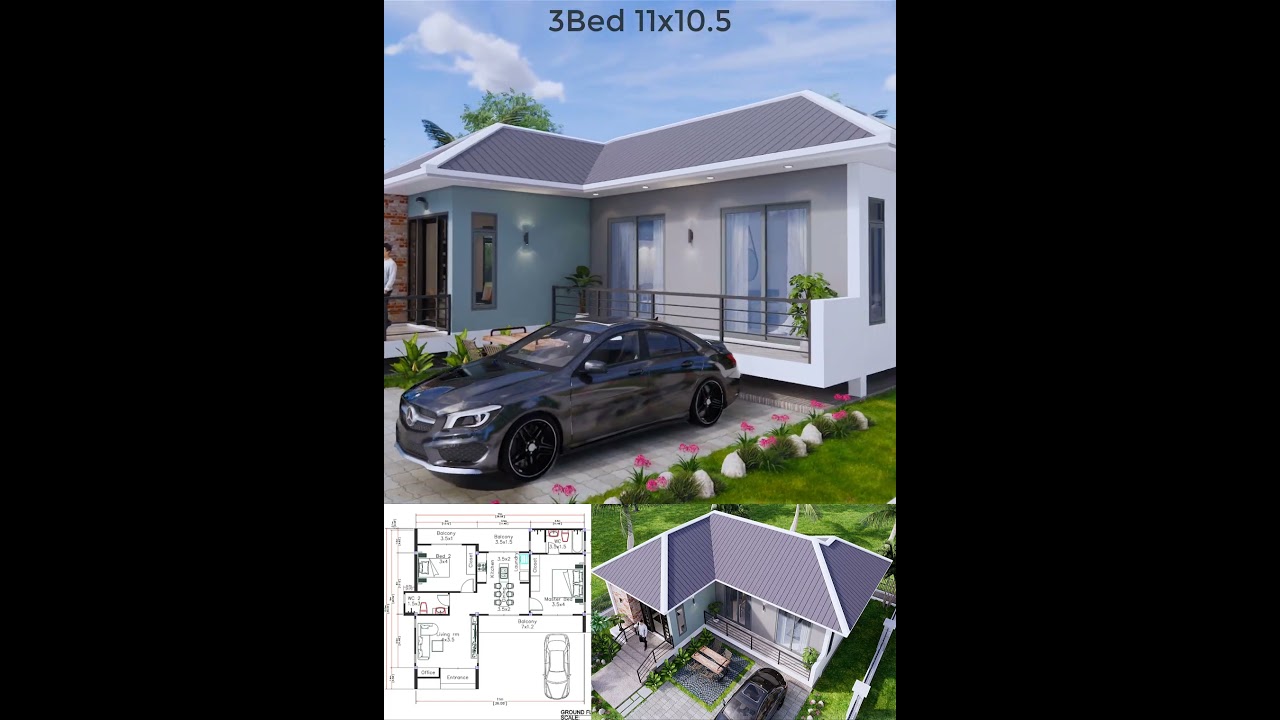 House Design Plan 11x10.5 meter 2 Bedrooms Hip roof #homeplan #homedesign #housedesign  #home