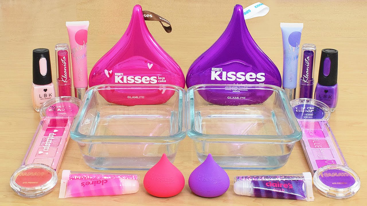 Pink vs Purple Kisses - Mixing Makeup Eyeshadow Into Slime ASMR