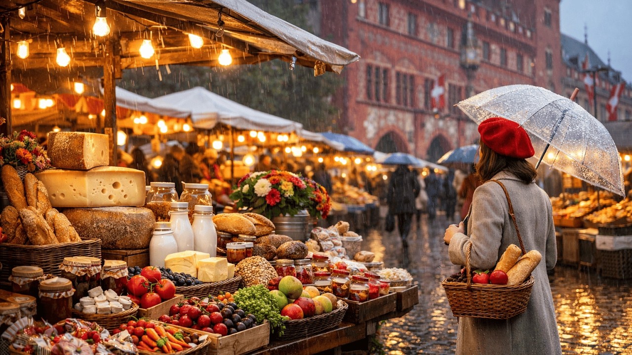 Rainy Swiss Local Organic Market 🇨🇭 Morning Walking Tour in Switzerland 4K