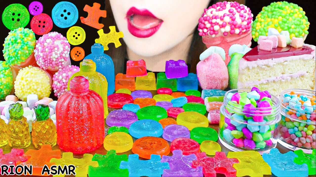 【ASMR】BUTTON KOHAKUTO,PUZZLE KOHAKUTO,PERFUME BOTTLE JELLY,SPRINKLES MUKBANG 먹방 EATING SOUNDS