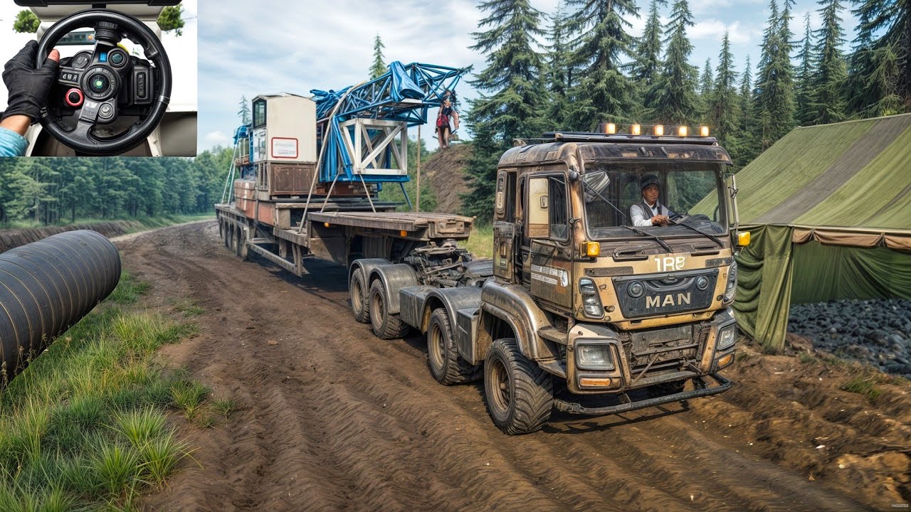 Man TGS  Towing a Massive Crane Through Muddy Terrain | SnowRunner | Logitech G29 | #1076