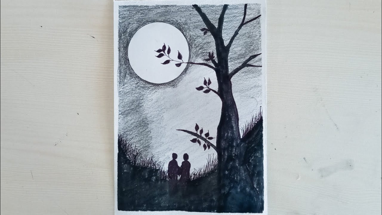 Moonlight Tree Drawing | Easy Night Scenery Art with Pencil & Black Pen