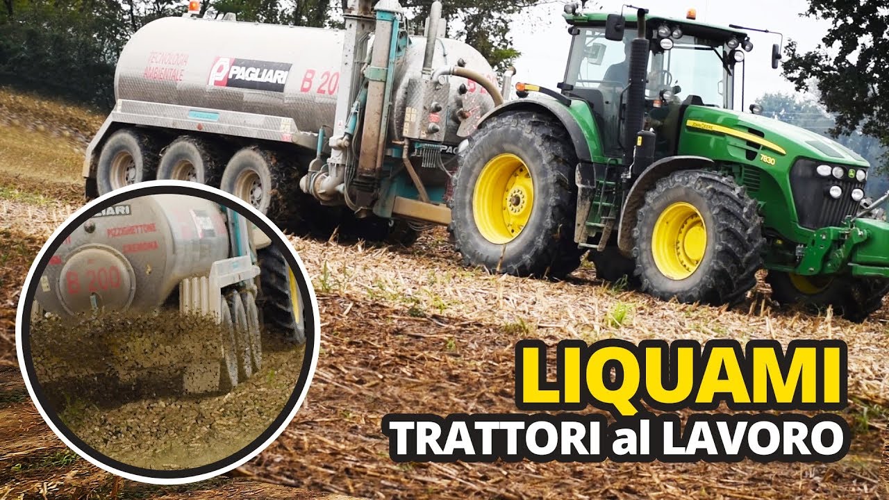 Trattori al lavoro John Deere 7830 con spandiliquame
