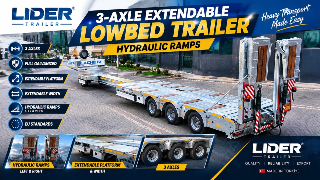 3-Axle Extendable Lowbed Trailer | Hydraulic Ramps & Extendable Width | LIDER TRAILER