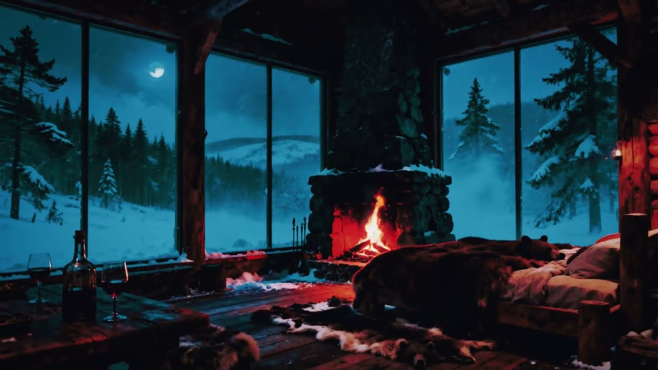 Cozy Winter Cabin Ambience🔥 Pretty Crackling Fireplace Soft Falling Snow😴 No Ads Nature Beast Sleep