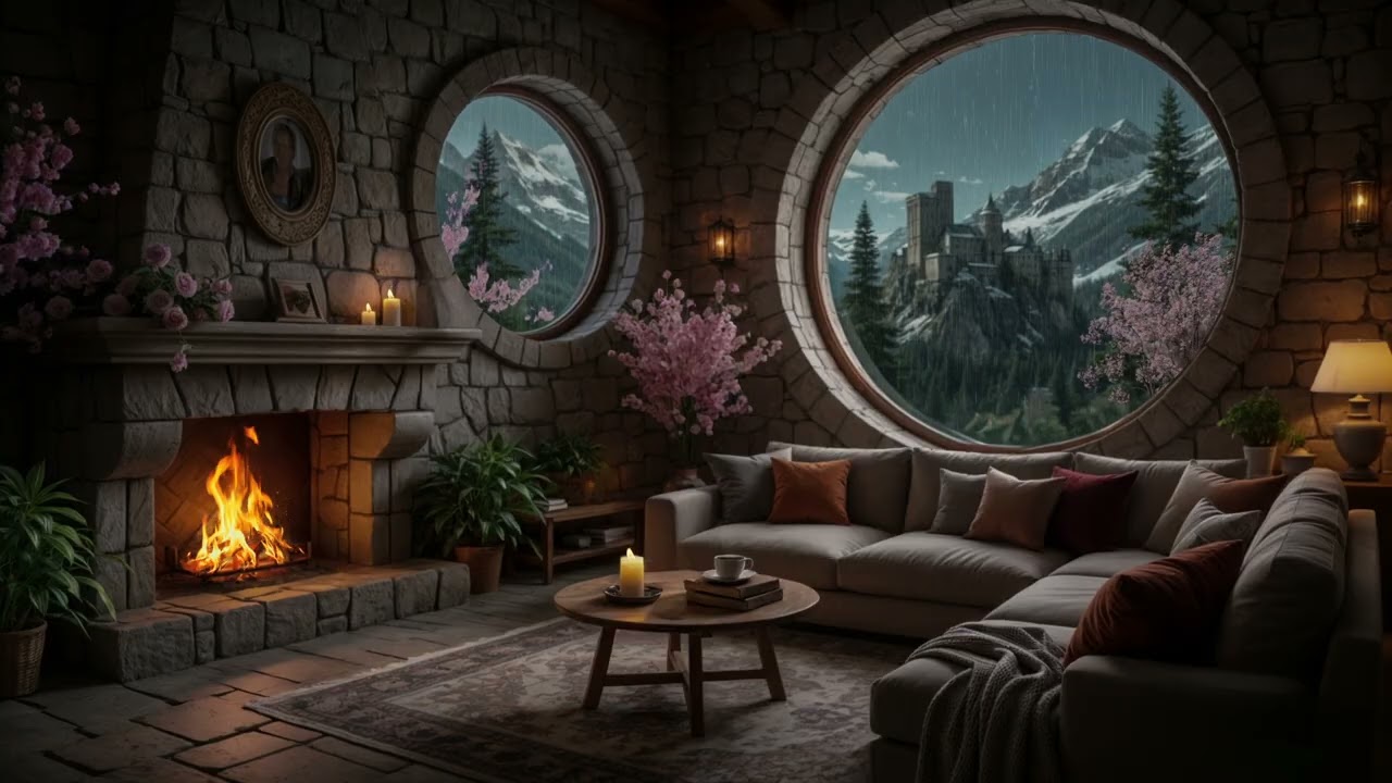 Cozy Reading Nook 📚🔥Warm Fireplace, Soft Rain & Blooming Castle Ambience for Deep Focus & Rest