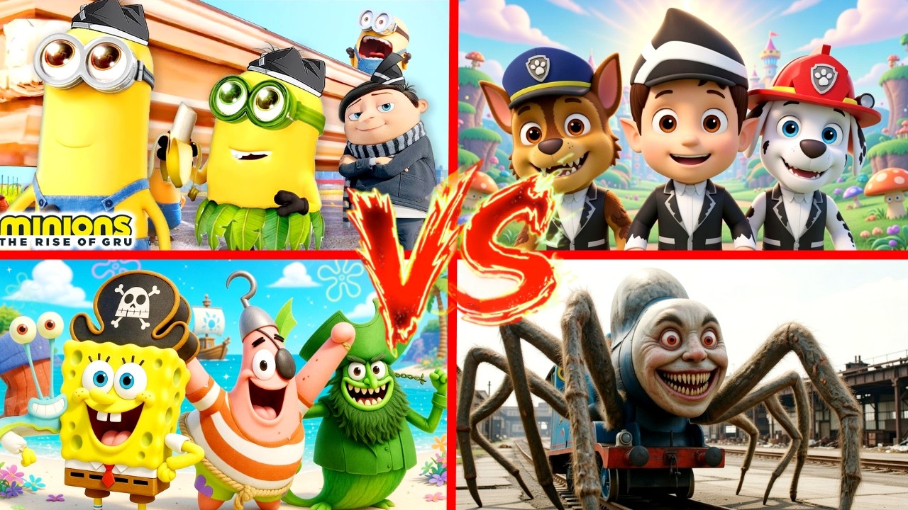 MINION MONSTERS 🆚 PAW PATROL 🆚 SPONGEBOB 🆚 SPIDER THOMAS 🎶 - Tiles Hop Coffin Dance.mp4