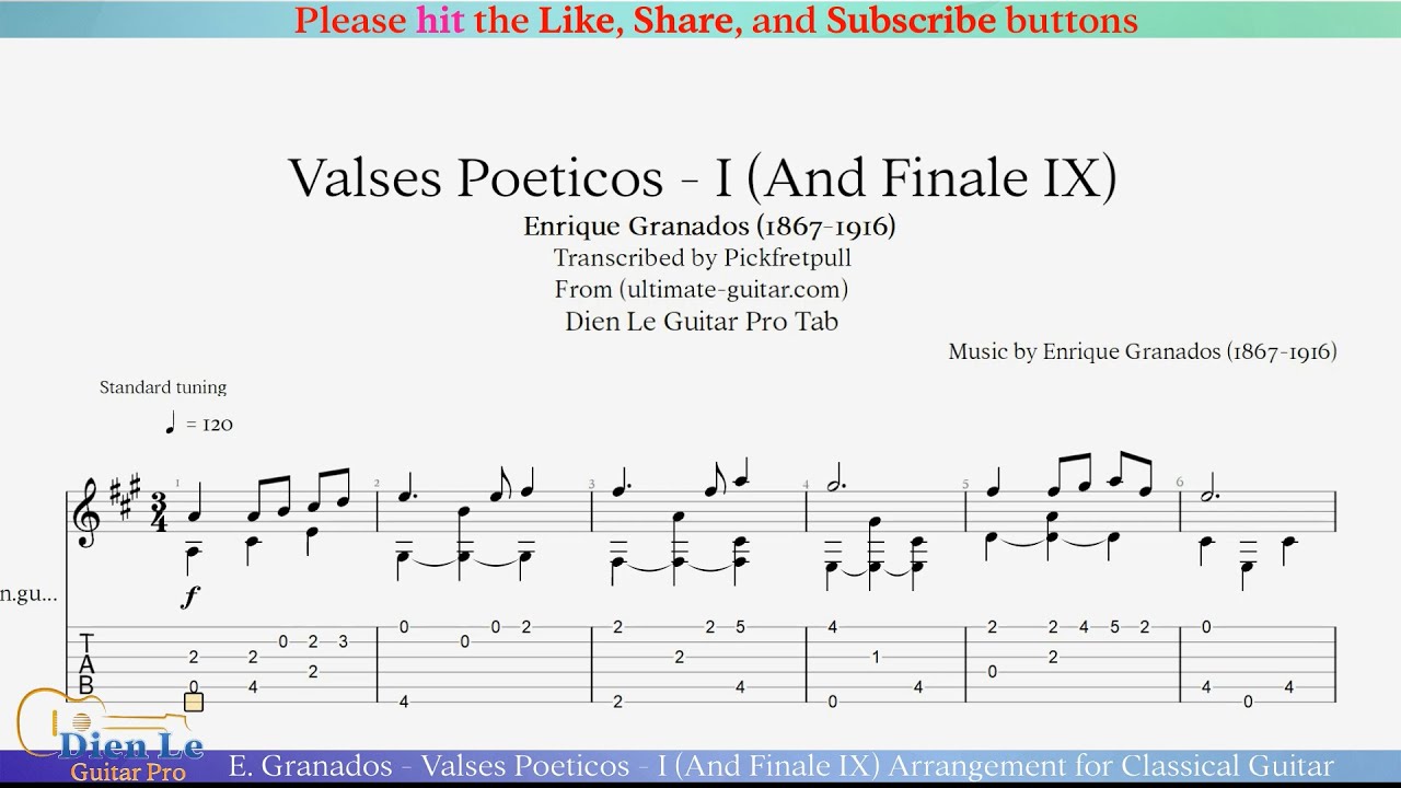 E. Granados - Valses Poeticos - I (And Finale IX) Arrangement for Classical Guitar with Tab