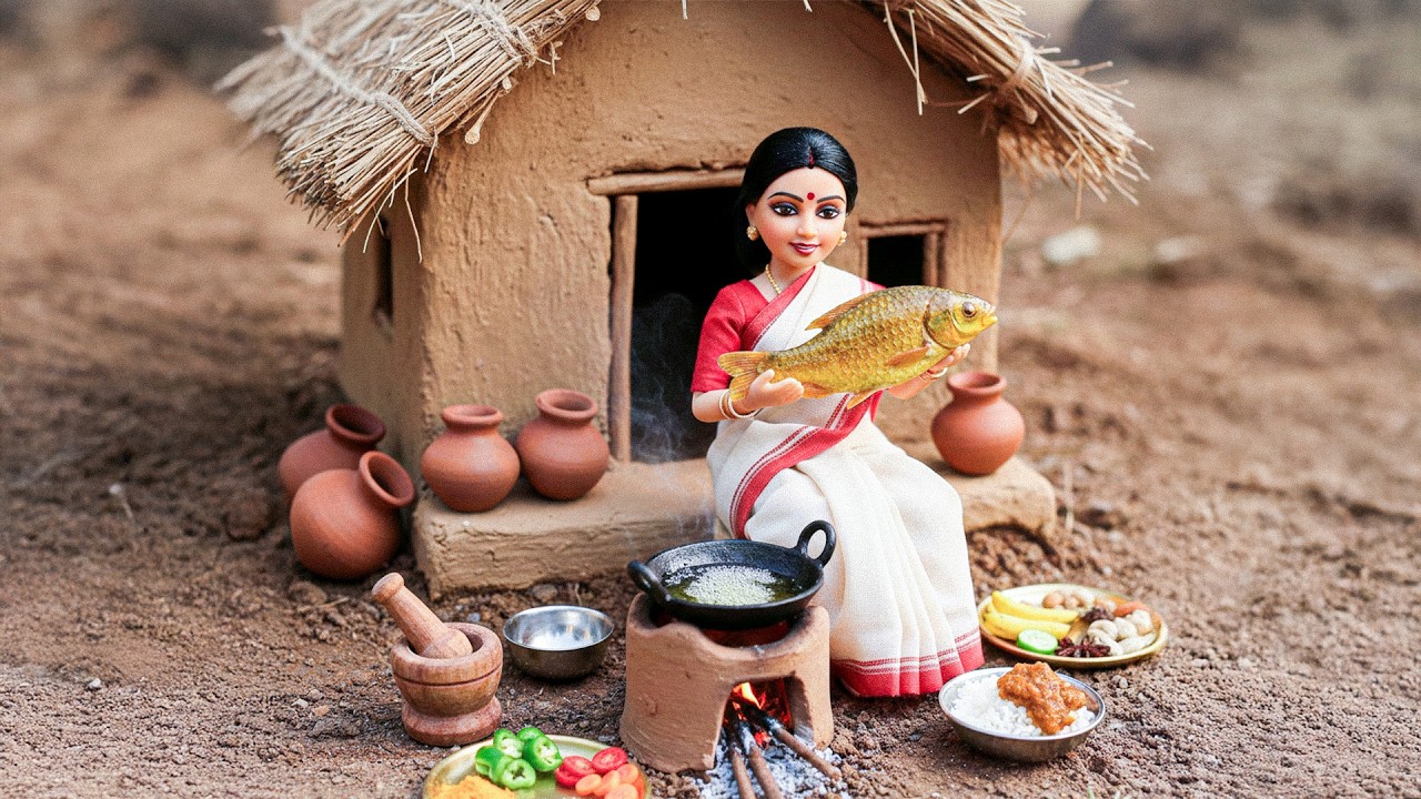 Miniature Doll Women Rice and Fish Cooking ASMR 🐟  |  Indian Village Tiny Kitchen Story