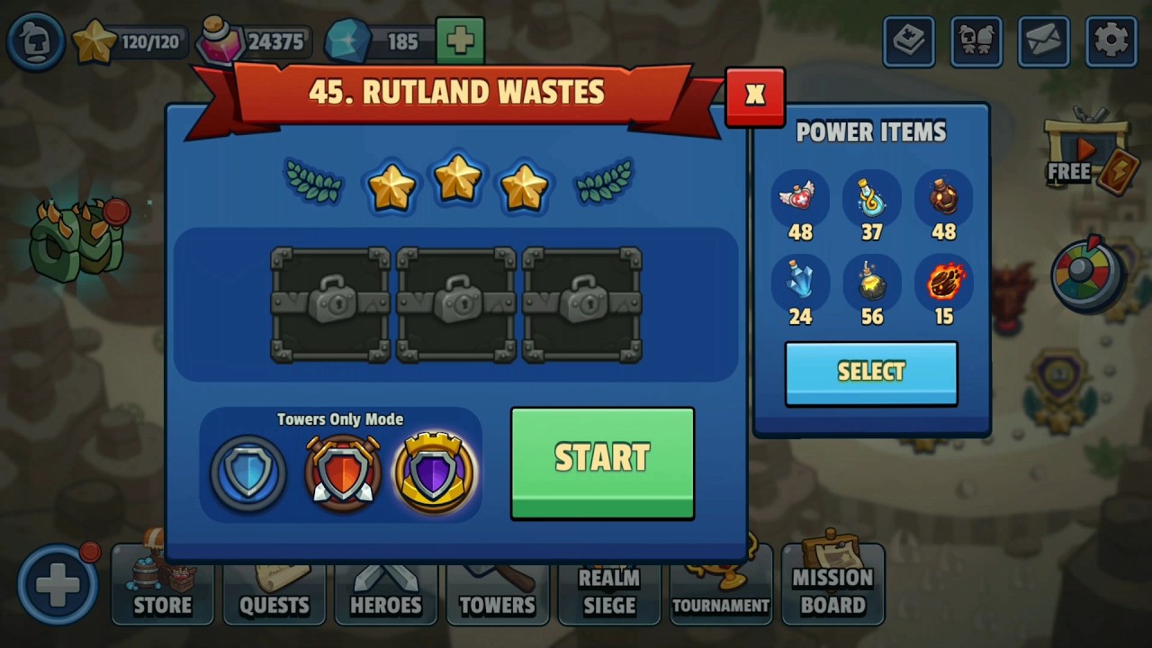 Realm Defense - World 3 | Level 45 (Rutland Wastes) | Towers Only Mode | 3 Stars | No Spell