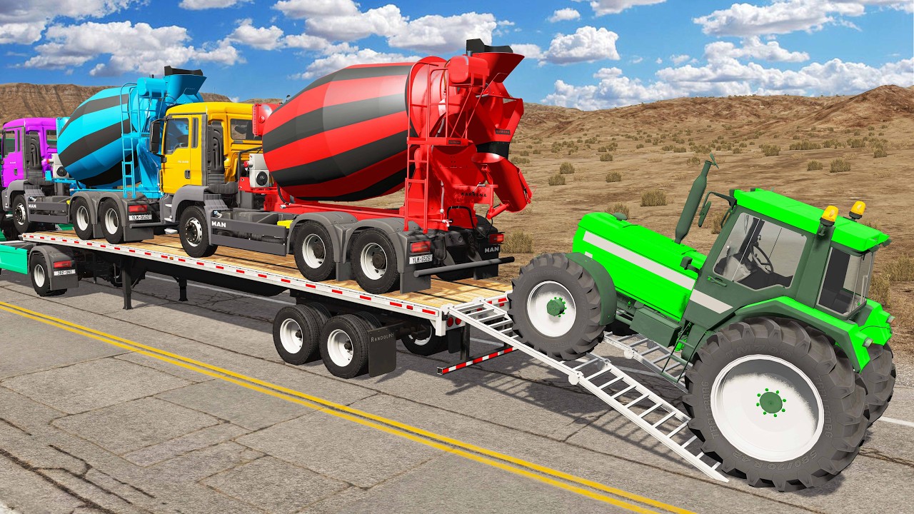 Four Trucks Transporting cars with Flatbed Trailers | Cars vs Speedbump vs Train vs Pothole #8