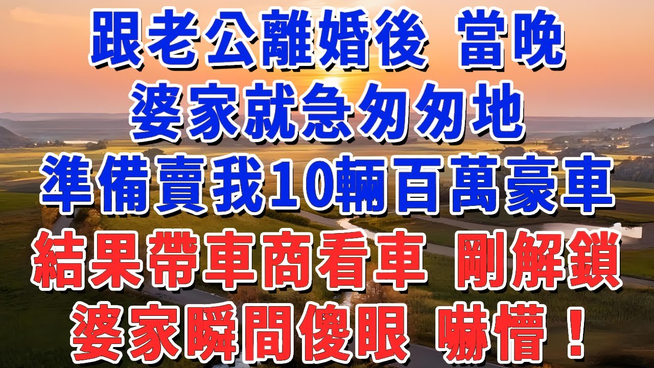跟老公離婚後 當晚，婆家就急匆匆地，準備賣我10輛百萬豪車，結果帶車商看車 剛解鎖，婆家瞬間傻眼 嚇懵！#妮妮故事會 #情感故事 #老年生活