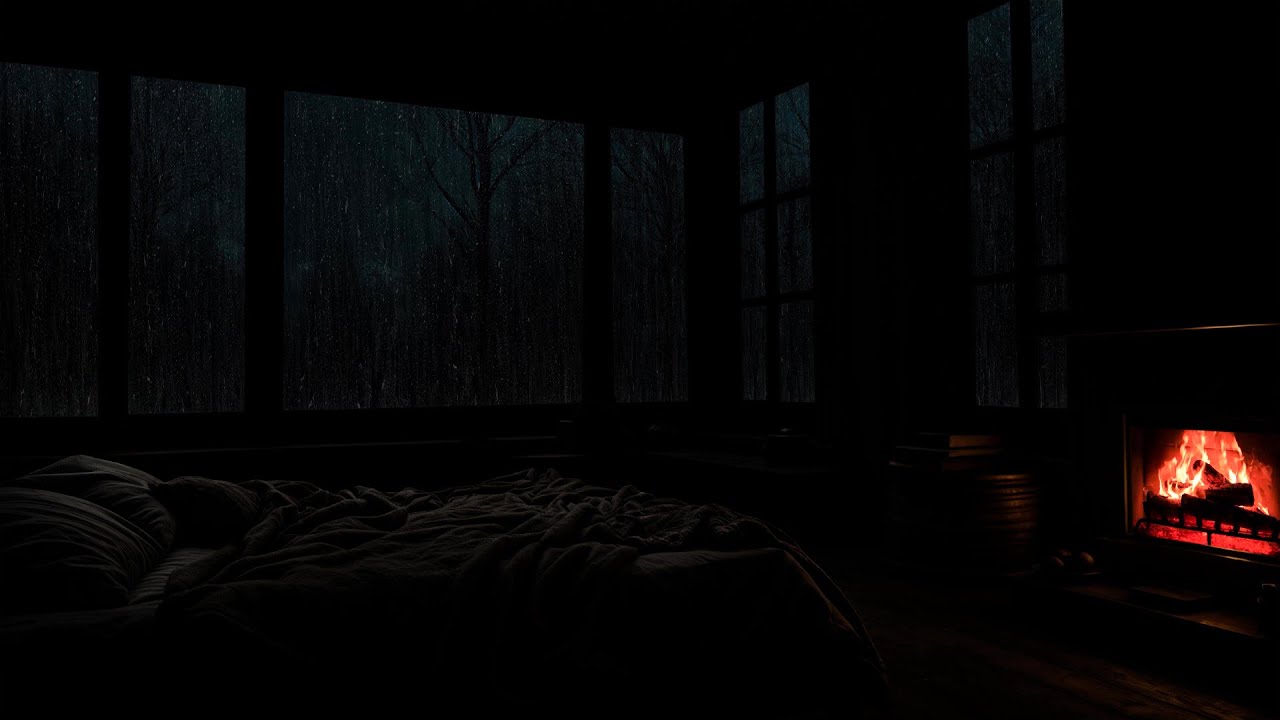 Peaceful Sleep Ambience with Rain on Windows | Warm Cabin Fireplace for Relaxation & Stress Relie